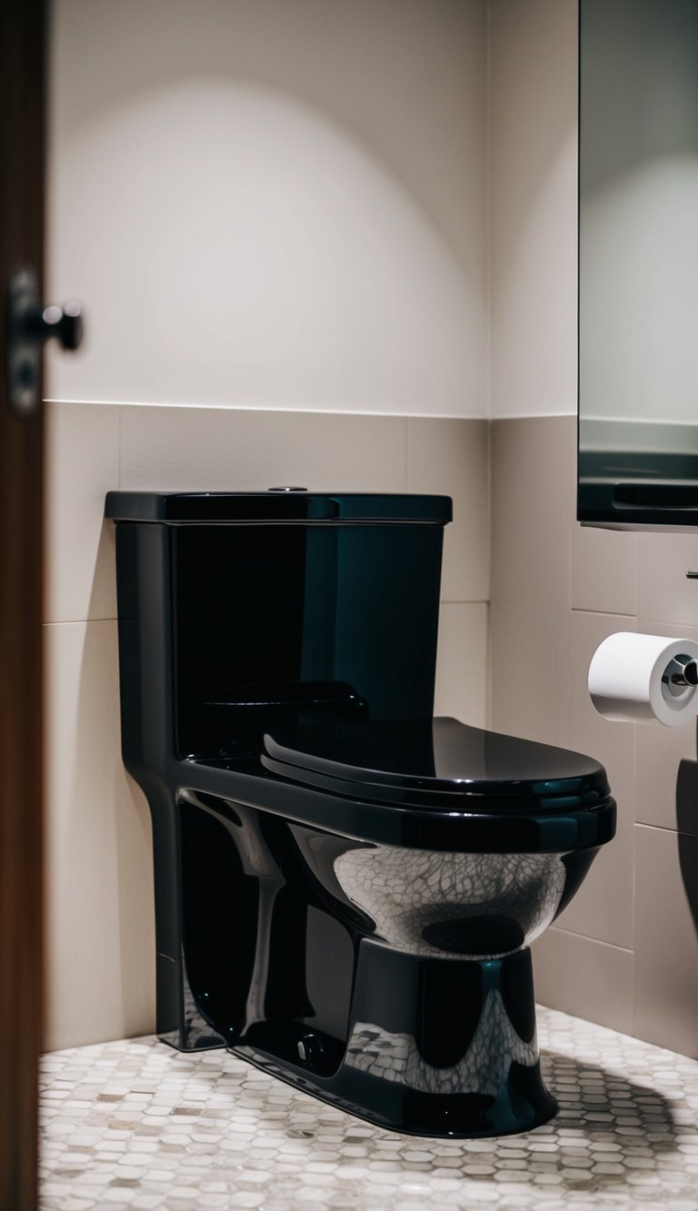 A sleek jet black toilet sits in a modern small bathroom with minimalist design