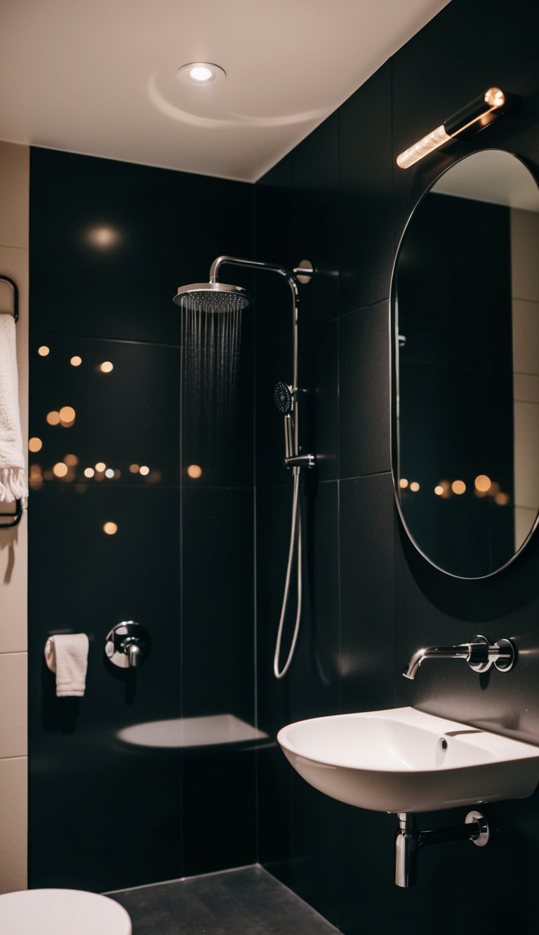 A small black bathroom with a sable showerhead and minimalist decor