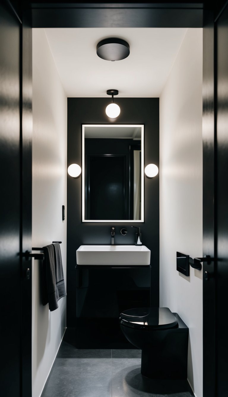 A small black bathroom with a pitch black mirror frame, minimalist decor, and sleek fixtures