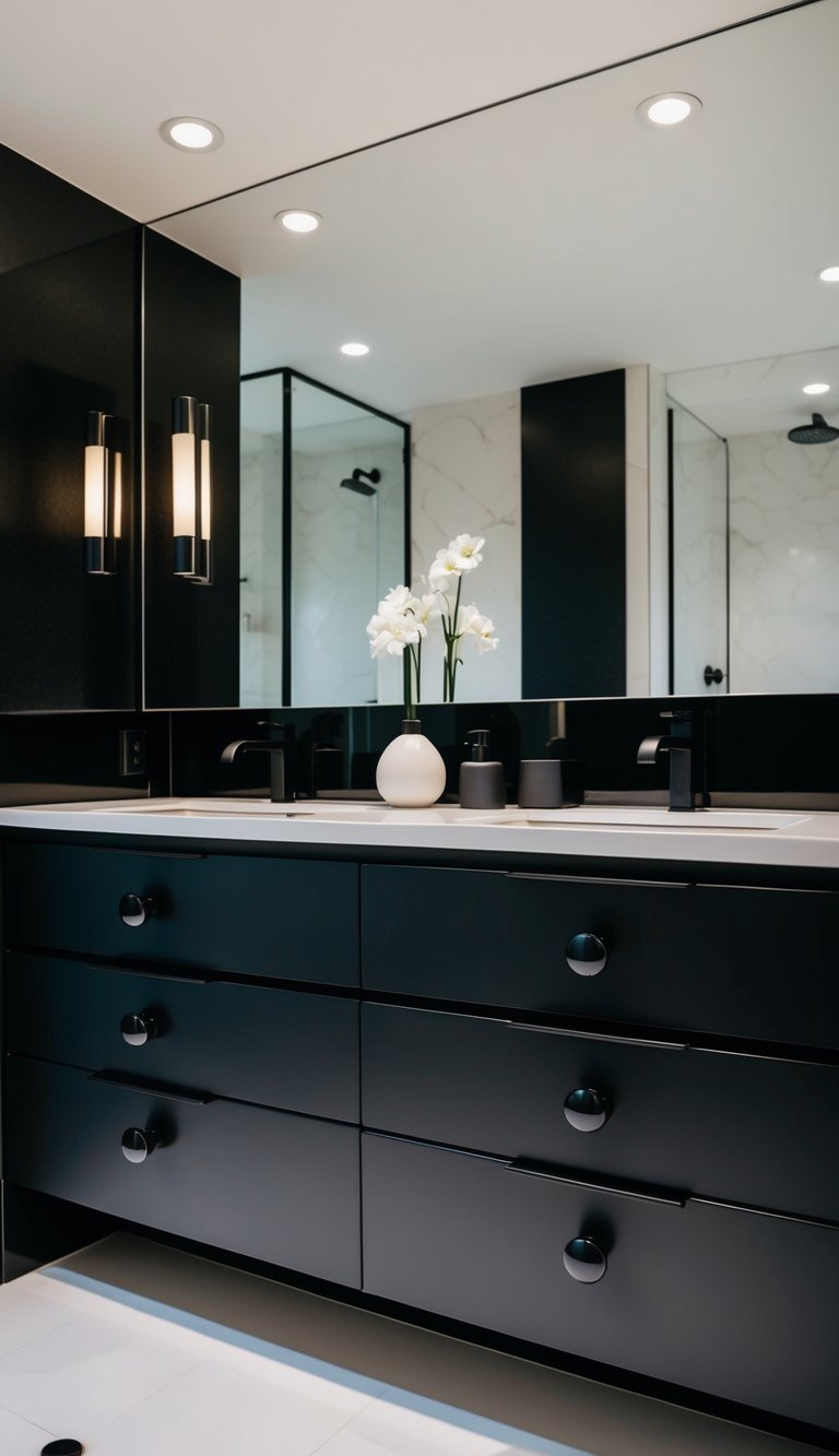 A sleek, modern bathroom with obsidian cabinet knobs and black accents throughout