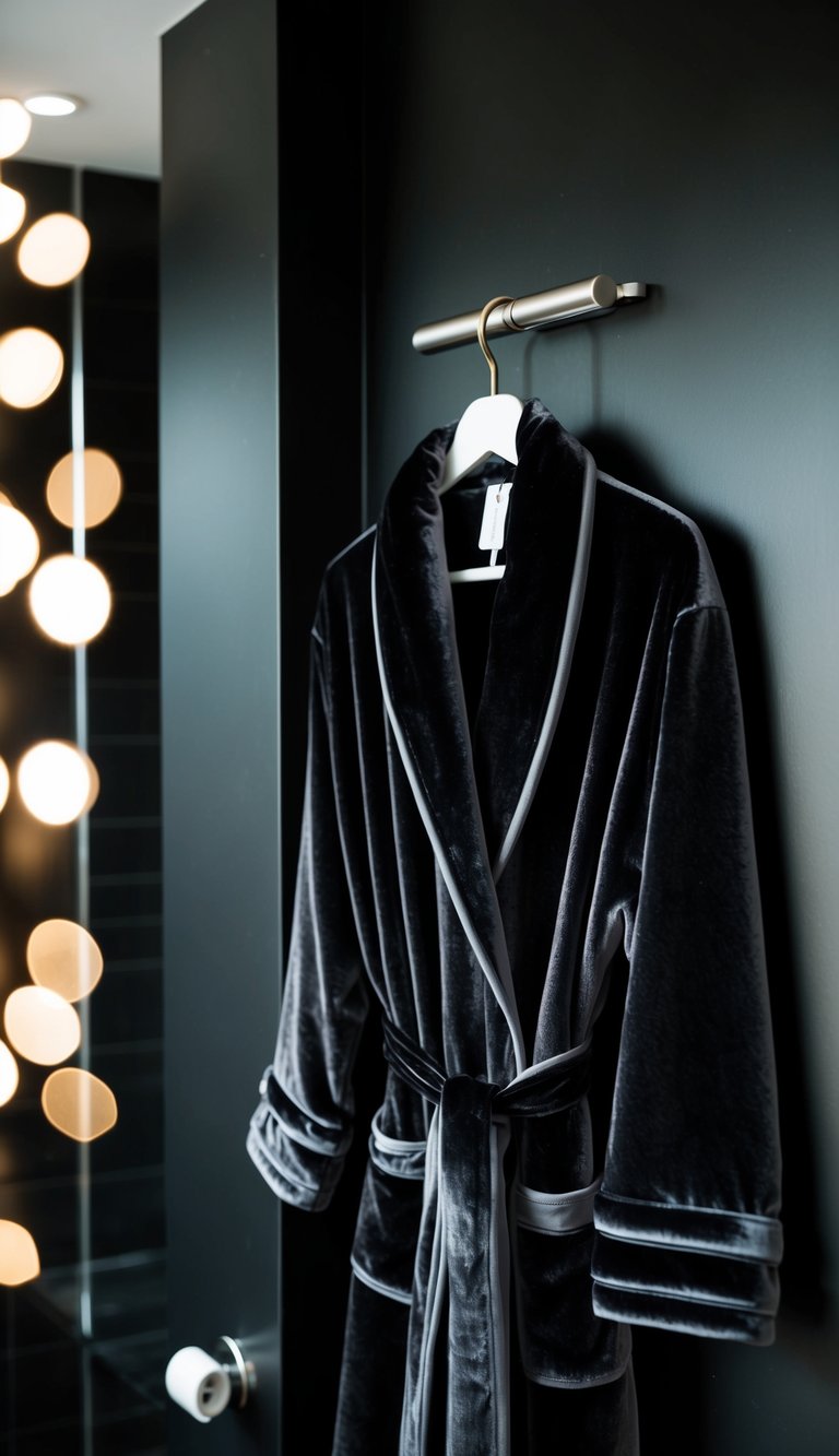 A plush velvet black bathrobe hangs from a sleek hook in a small, modern black bathroom