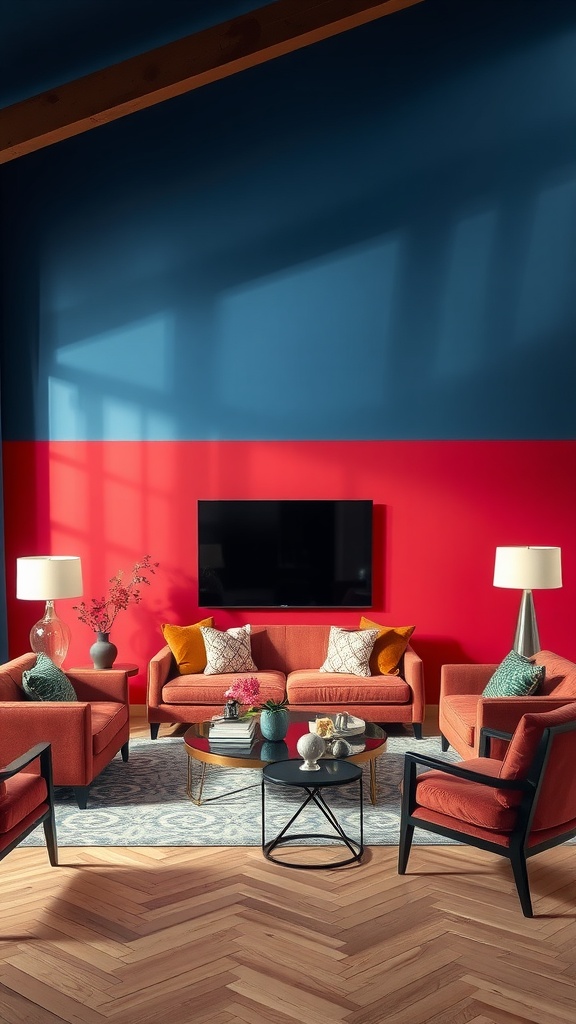 A living room with a bold red and blue accent wall, featuring orange sofas and stylish decor.