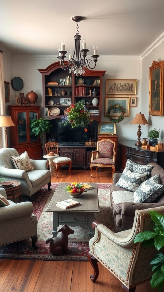 Living room with vintage furniture and decor, including a chandelier, armchairs, and a bookcase.