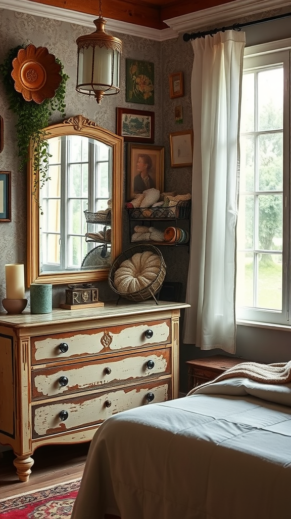 A cozy boho bedroom featuring vintage furniture including a weathered dresser, a decorative mirror, and warm decor accents.