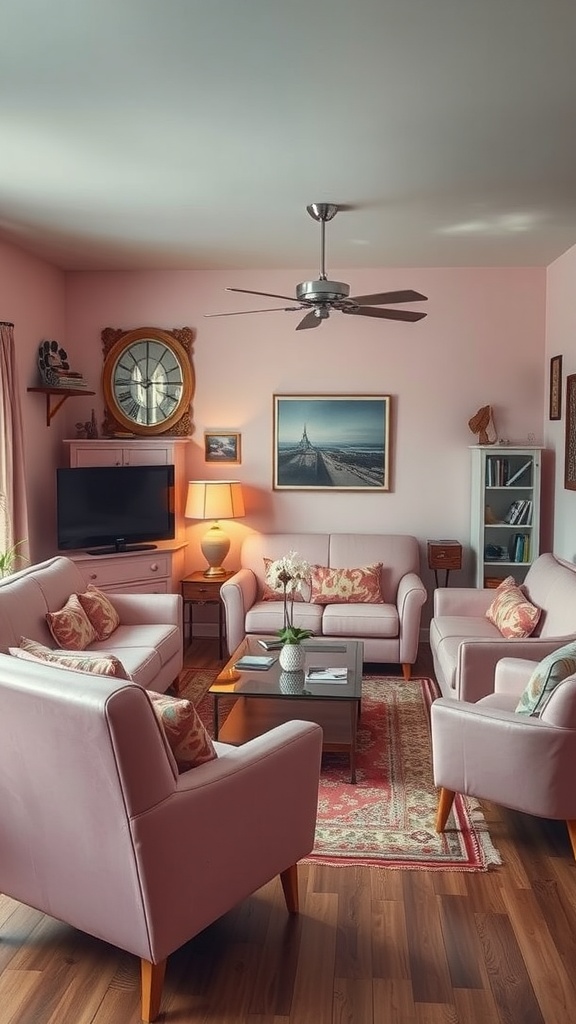 A cozy vintage pink living room featuring pink furniture, floral cushions, and decorative accents.