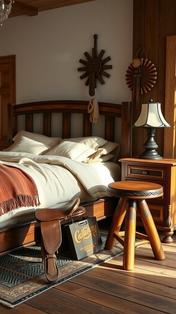 A cozy western bedroom with a vintage saddle stool beside a wooden bed.