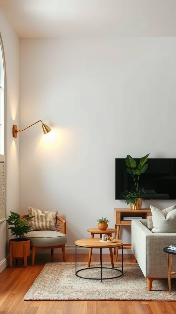 A cozy small living room featuring wall-mounted lighting, a comfortable chair, coffee table, and decor.