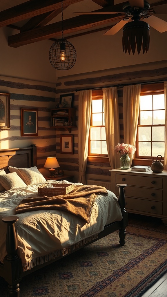 A warm and inviting western bedroom with soft lighting from windows and a bedside lamp.