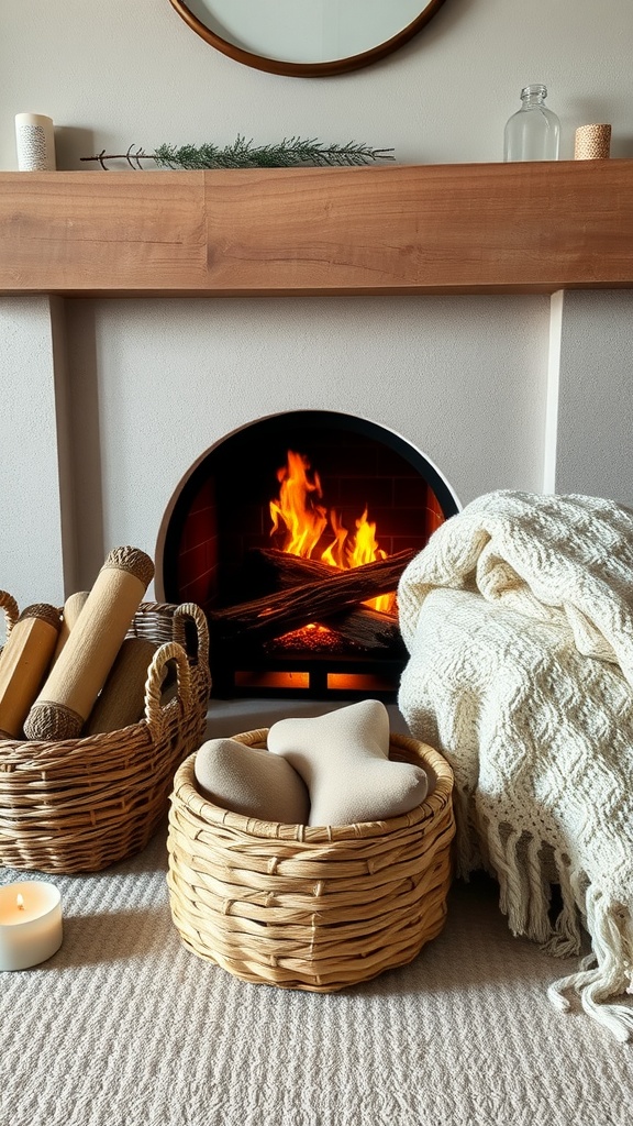 A cozy living room with a warm fireplace, decorative logs, soft blanket, candles, and a mirror above the mantle.