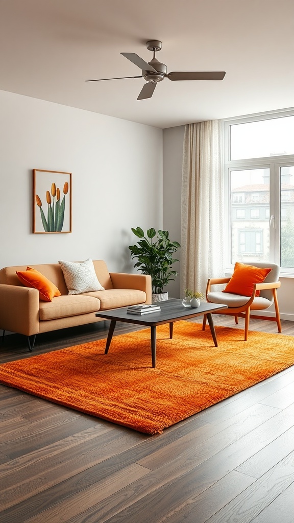 A modern living room featuring a warm orange area rug, beige sofa, and a wooden coffee table.