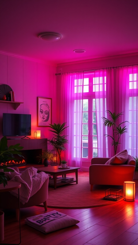 A cozy living room with warm pink lighting, featuring a comfortable sofa, plants, and a coffee table.