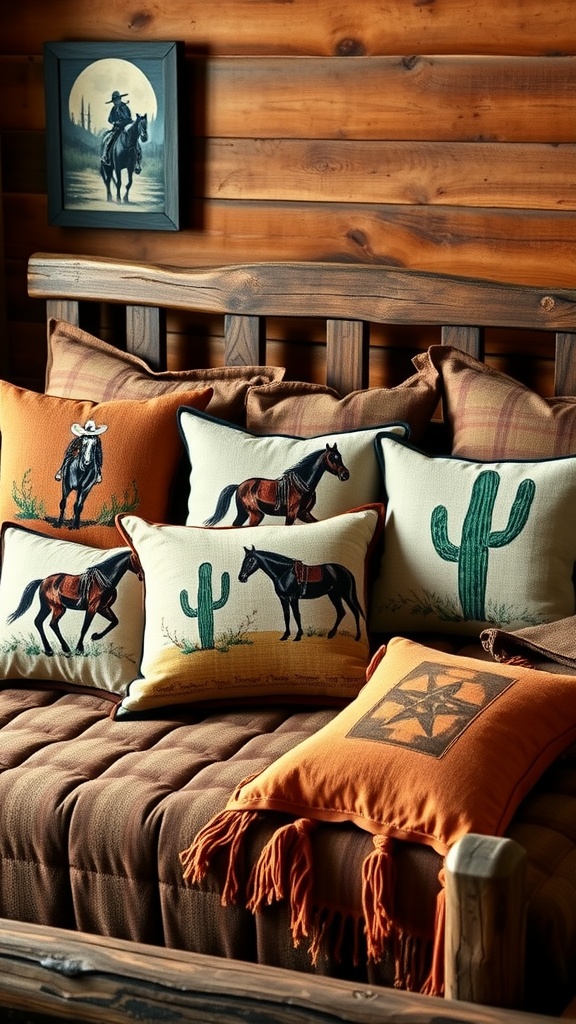 Western themed throw pillows with cowboy and horse designs on a rustic bed with wooden backdrop.