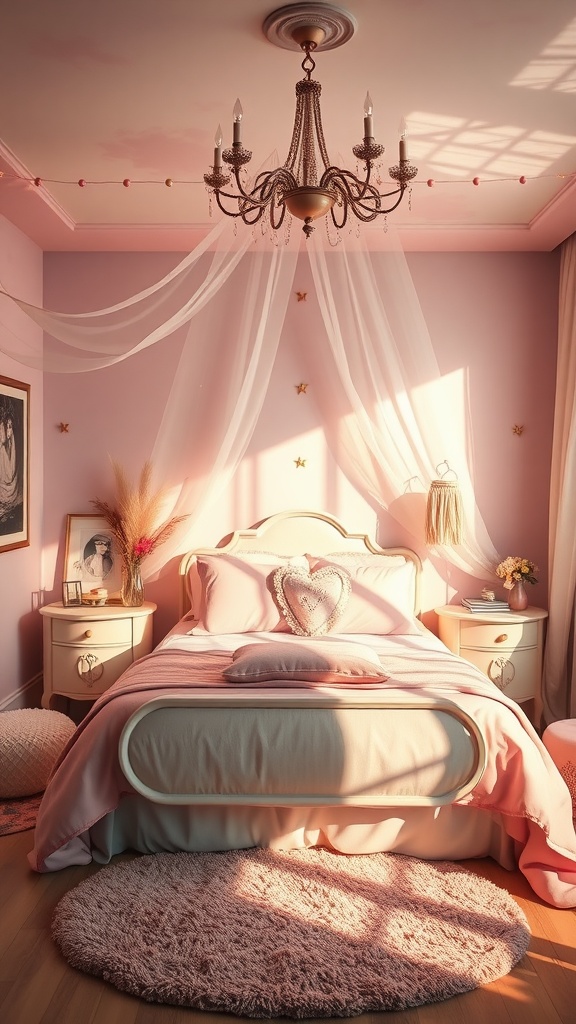 A whimsical bedroom with pink walls, a chandelier, and draped fabric creating a cozy and magical atmosphere.