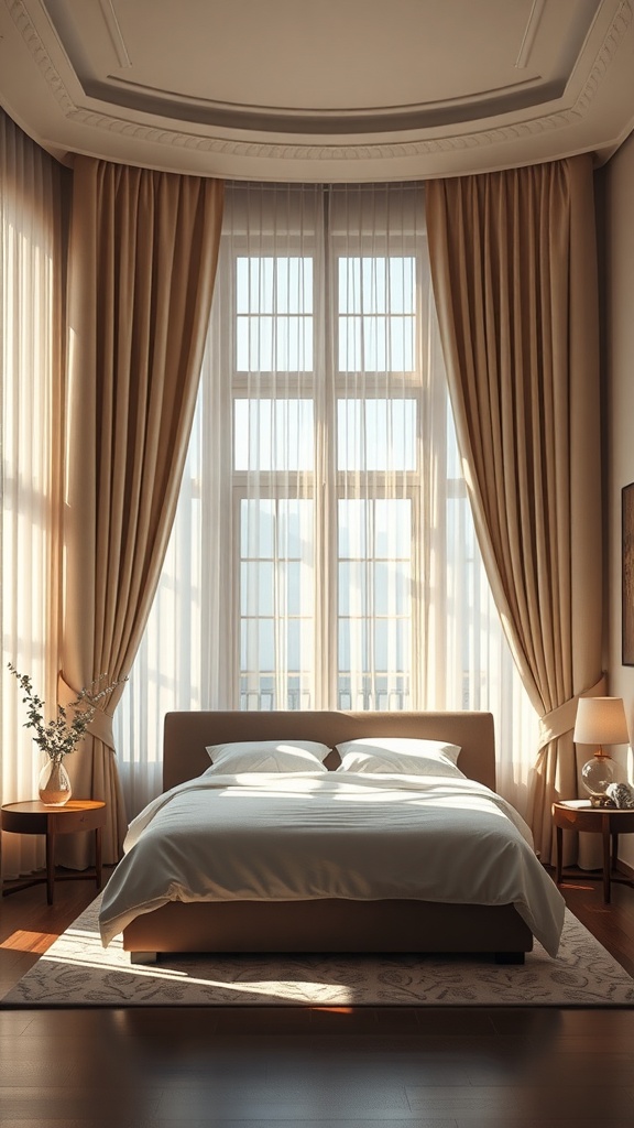 A well-lit bedroom featuring elegant window treatments with soft curtains framing large windows.