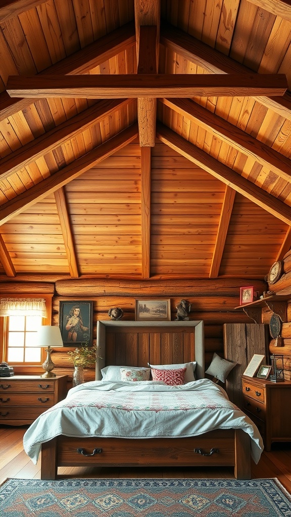 A wooden beamed ceiling in a rustic bedroom with a cozy bed and warm decor.