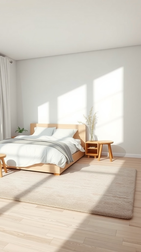 A minimalist bedroom featuring a wooden bed, light bedding, and a soft beige rug illuminating the space with natural sunlight.