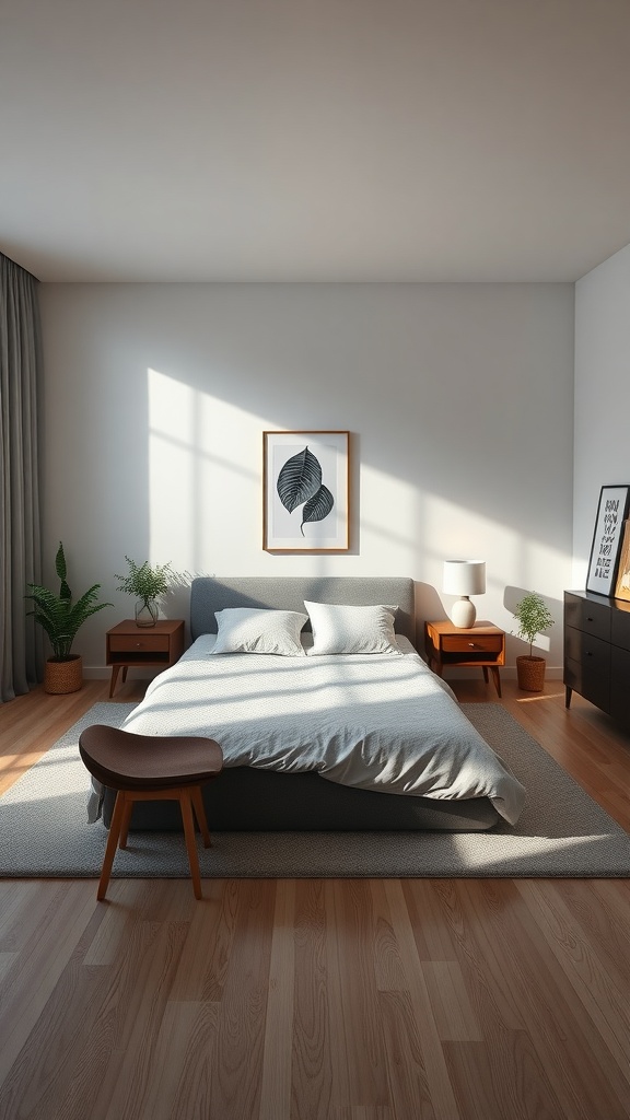 A minimalist bedroom featuring a bed, two nightstands, potted plants, and natural light.