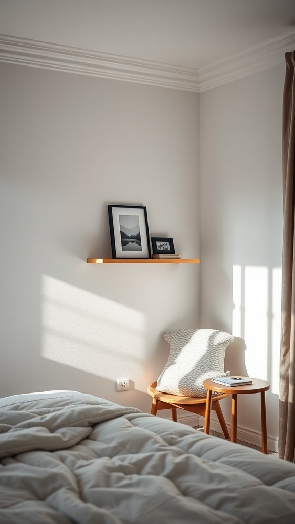 A minimalist bedroom corner with a reading nook featuring a chair, a small table, and decorative frames on the wall.