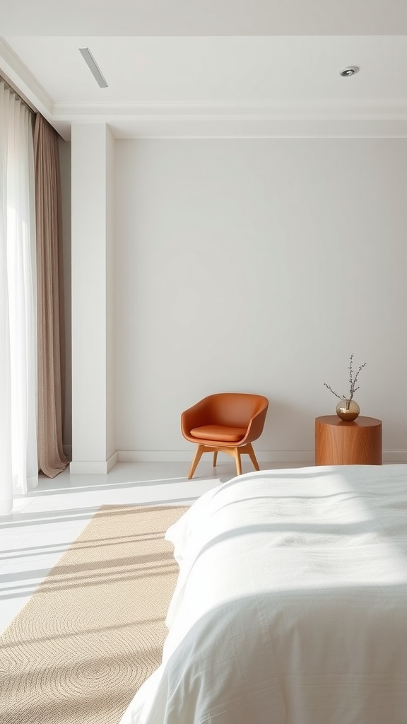 A minimalist bedroom featuring an orange chair and a small side table, with a neutral color palette.