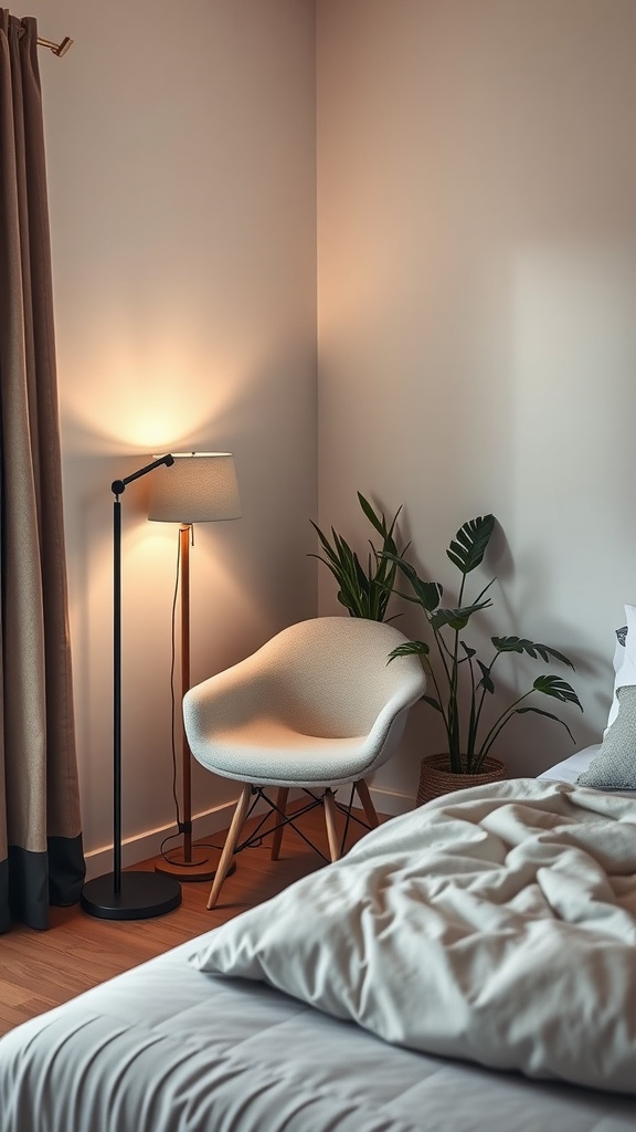 A cozy minimalist corner featuring a white chair, a standing lamp, and a green plant, with a bed in the foreground.