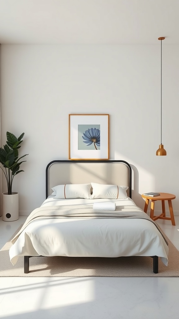 A minimalist bedroom featuring a bed, artwork, plant, and pendant light