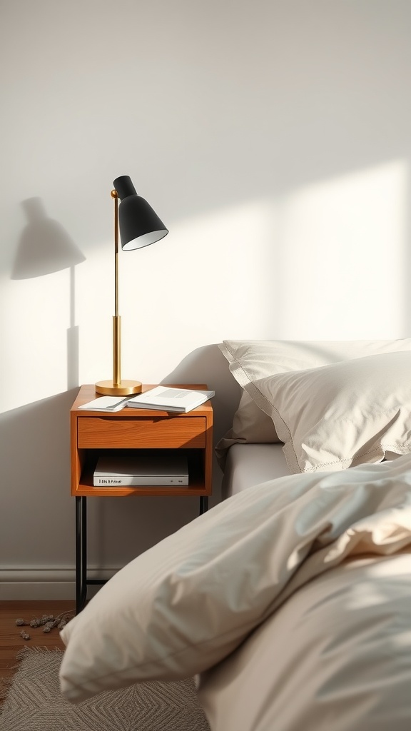 A minimalist nightstand with a lamp and a few books, creating a decluttered bedroom space.