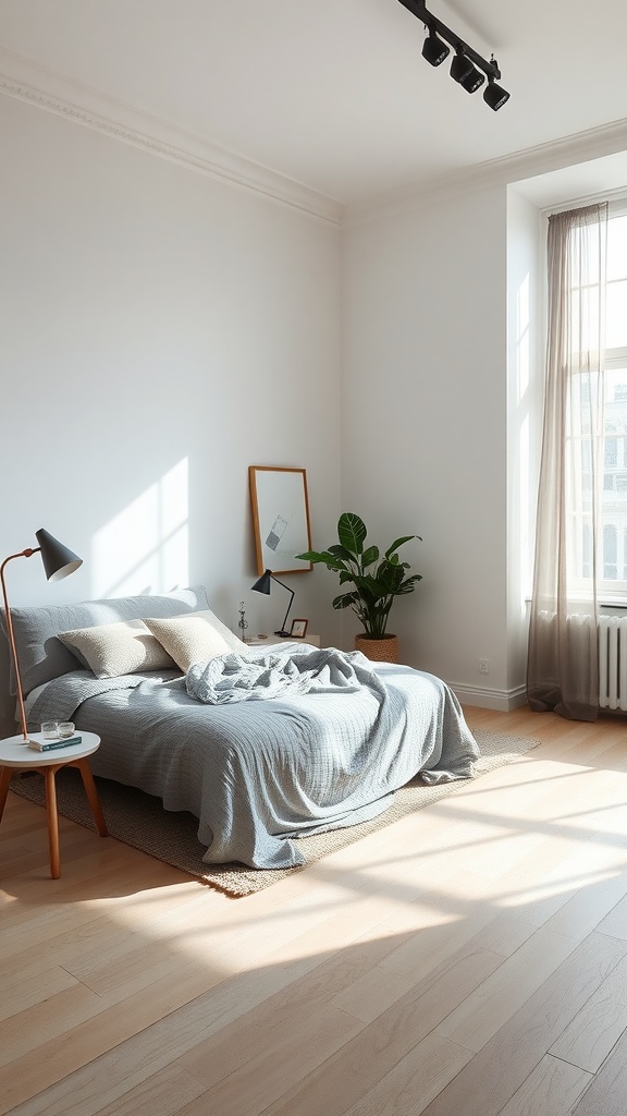 Minimalist bedroom featuring a bed with soft linens, a small bedside table, and a plant, emphasizing an open space layout.