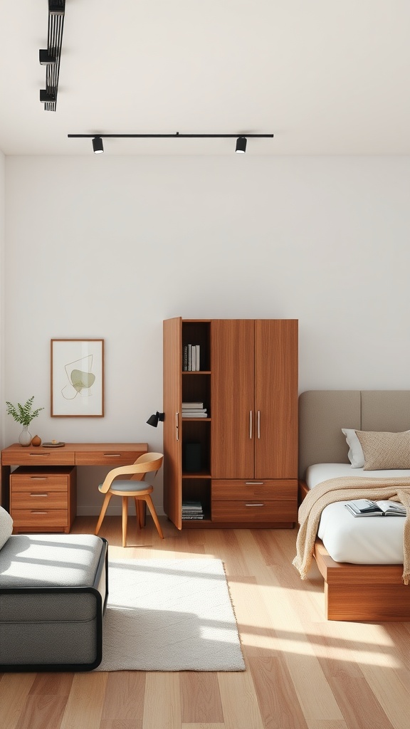 A minimalist bedroom with functional furniture including a wooden wardrobe, a compact desk, a soft bed, and a stylish sofa.