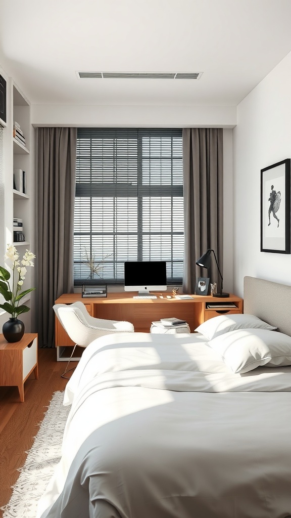 Minimalist bedroom with a functional workspace featuring a desk, chair, and natural light.