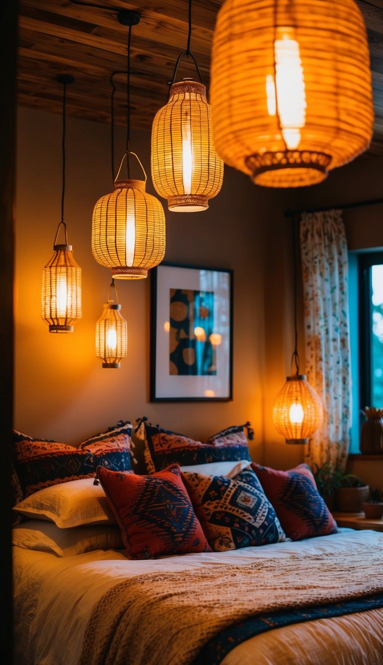 An array of lanterns hang from the ceiling, casting warm and ambient light across a cozy and eclectic boho bedroom