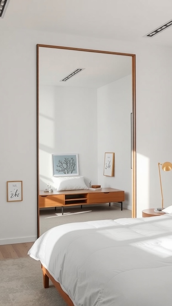 A minimalist bedroom featuring a large framed mirror, wooden furniture, and simple decor.