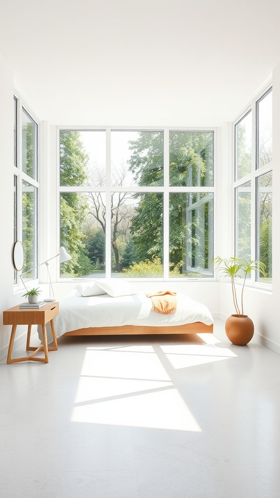 A minimalist bedroom with large windows letting in natural light, featuring a simple bed, wooden furniture, and plants.