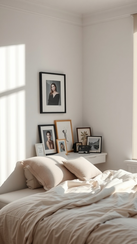 A minimalist bedroom with a cozy bed, soft pillows, and a collection of framed photos on a shelf.