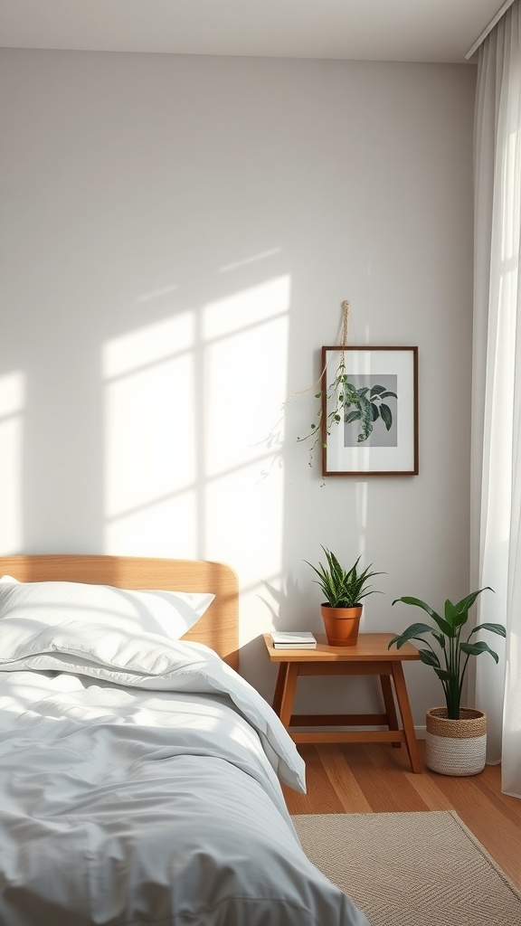 Minimalist bedroom with indoor plants and wooden furniture