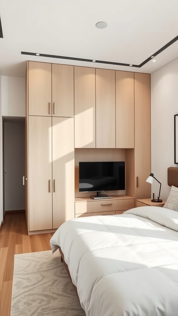 Minimalist bedroom featuring integrated storage solutions with light wood cabinets and a TV.