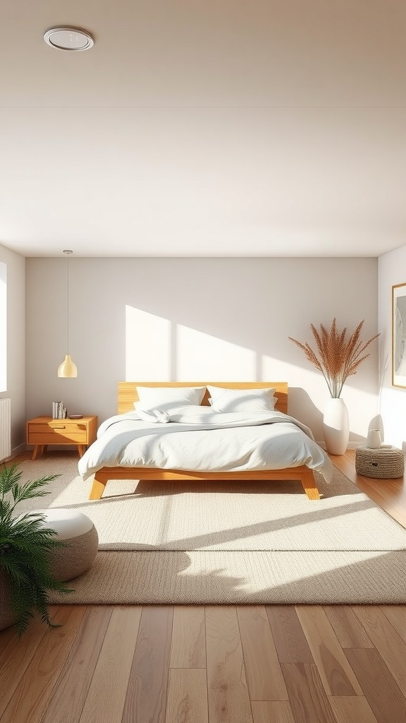 Minimalist bedroom with wooden bed, soft bedding, natural light, and simple decor.