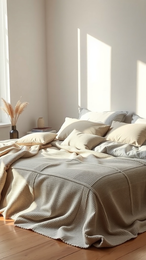 A minimalist bedroom featuring a bed with layered textiles, soft pillows, and natural lighting.