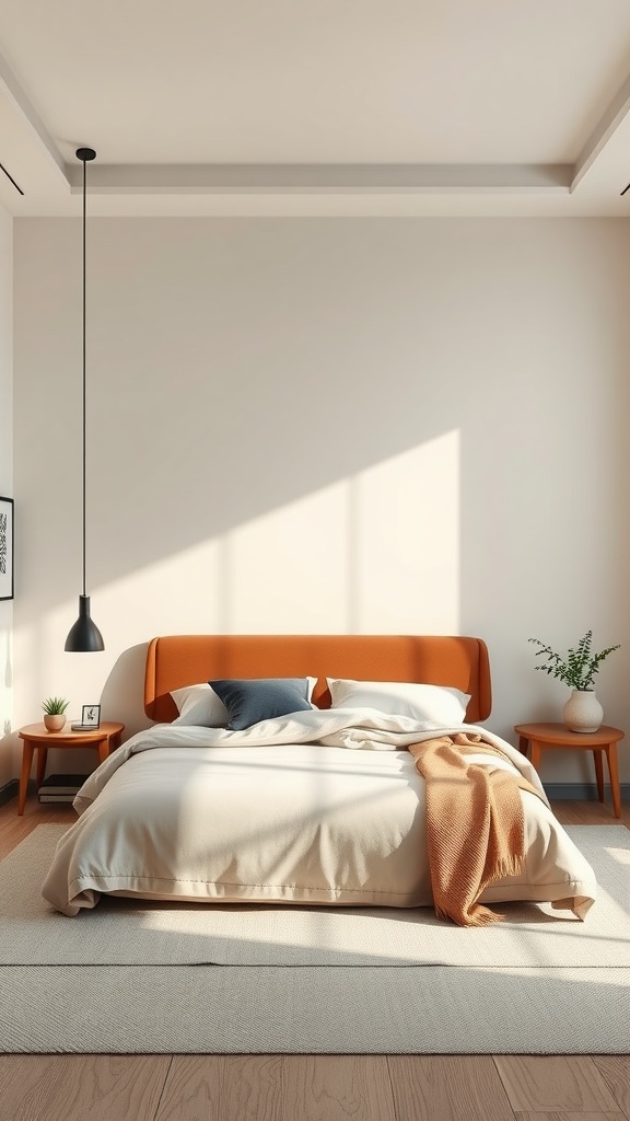 A minimalist bedroom with an orange headboard, neutral bedding, wooden furniture, and a plant.