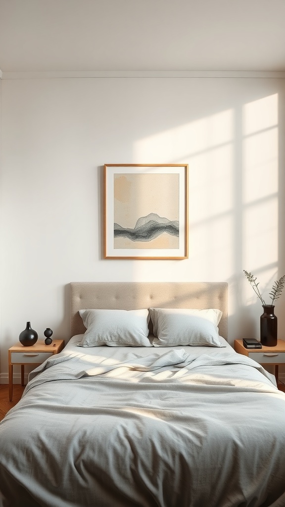 Minimalist bedroom with soft bedding and framed artwork on the wall