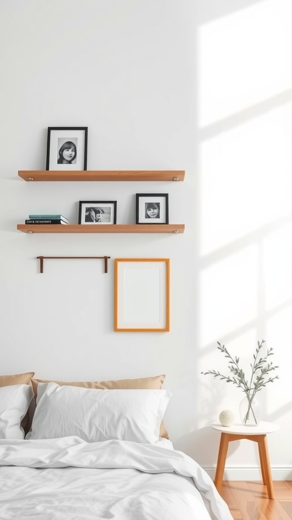 Minimalist bedroom with wooden wall shelves displaying framed photos and books.