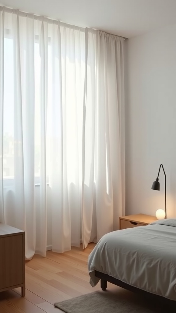 A minimalist bedroom featuring sheer white curtains, a wooden bed frame, and simple decor.