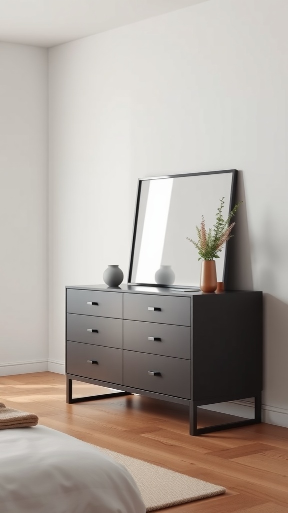 A minimalistic black dresser with a mirror and decorative items in a modern bedroom.