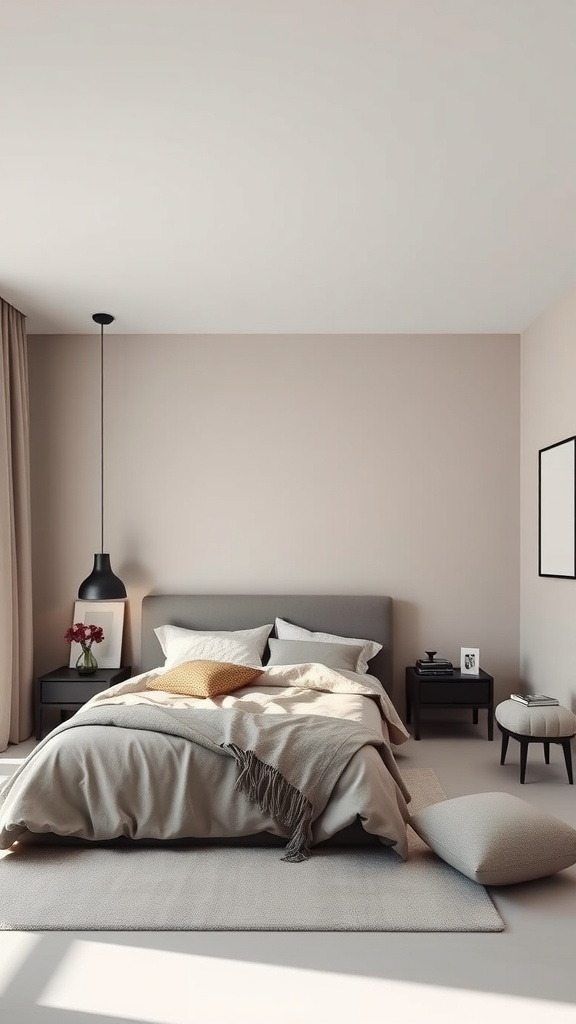 A minimalist bedroom featuring a monochromatic theme with beige tones, textured linens, and warm lighting.