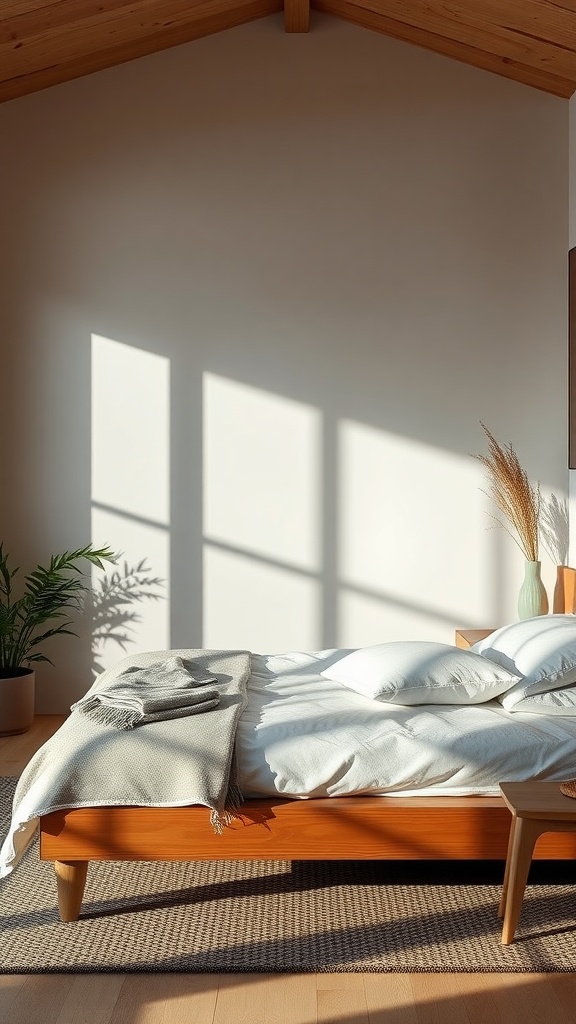 A minimalist bedroom featuring a wooden bed, soft bedding, and a potted plant.