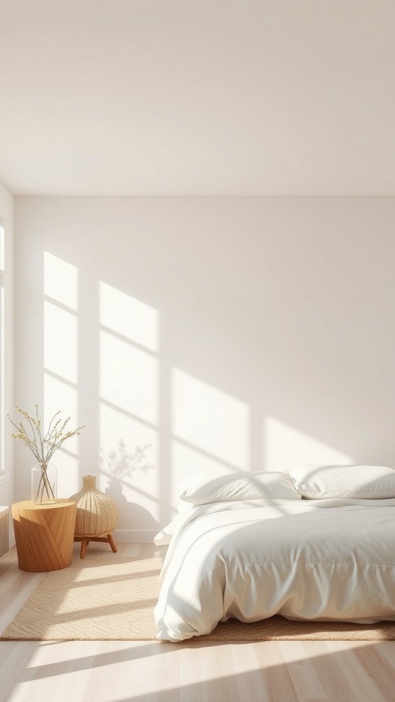 A minimalist bedroom featuring neutral colors, a simple bed, wooden side tables, a light rug, and sunlight streaming through the windows.