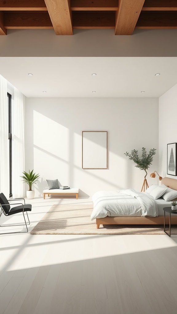 Minimalist bedroom with an open space concept featuring large windows and light colors.