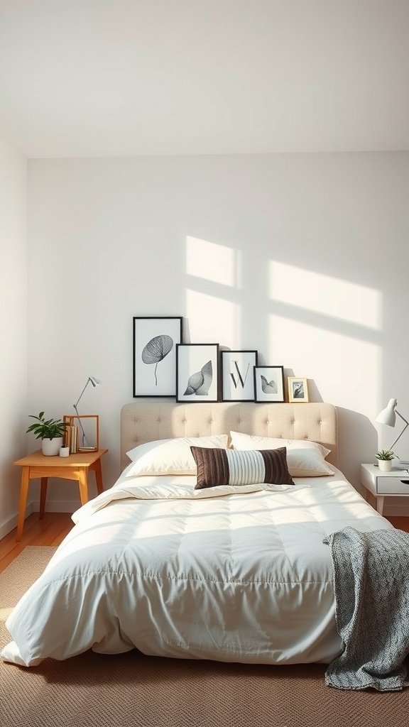 A minimalist bedroom featuring a light-toned bed with decorative pillows, framed artwork, and plants on the bedside tables.