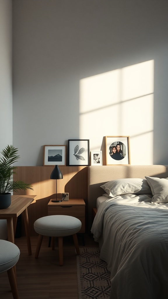 A minimalist bedroom featuring wooden furniture, light bedding, and personal photo frames.