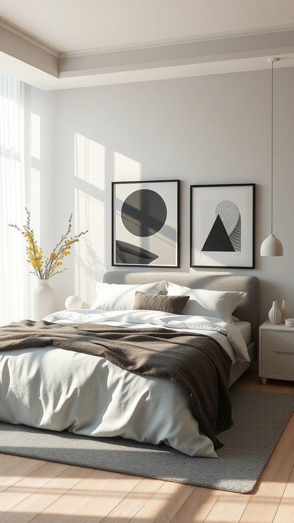 A minimalist bedroom featuring two framed black and white artworks above a neatly made bed with soft bedding and a decorative vase.