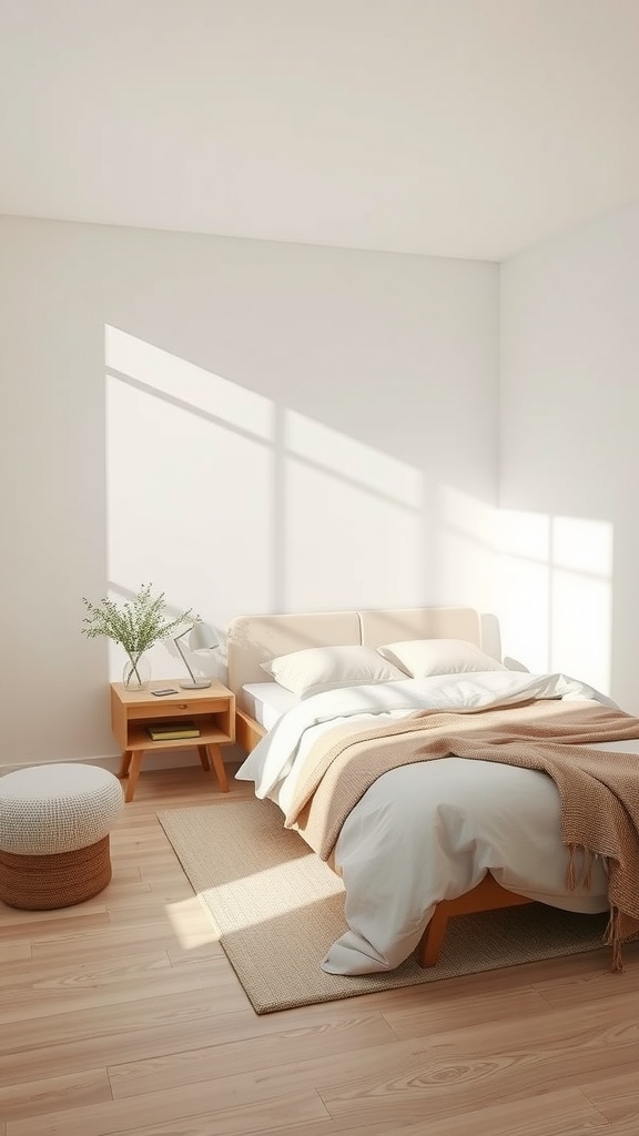 Minimalist bedroom with neutral colors and wooden furniture.